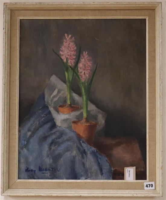 Rodney Merrington (b. 1934), oil on canvas, two hyacinths in terracotta pots,